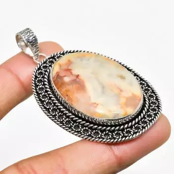 Сумасшедший кружевной агатовый драгоценный камень ручной работы с серебряным покрытием 925 пробы, ювелирный кулон 2,27 дюйма 2.27 белый