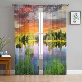 Сумерки, горный лес, современные тюлевые шторы для гостиной, спальни, дома, кухни, окна, прозрачные шторы 135W x 114H(cm)