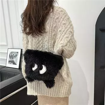 Сумка 2024 года, зимняя новая, милая и забавная сумка через плечо с изображением щенка с большими глазами, плюшевая теплая сумка, сумка для шапки синий