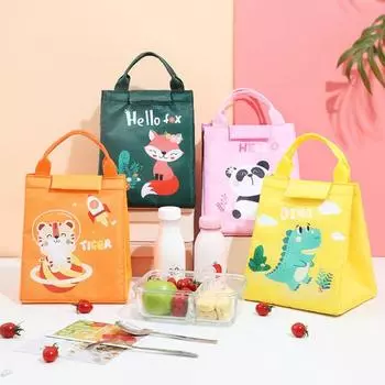 Сумка Bento с усиленной ручкой, большая вместимость, ткань Оксфорд, мультяшный рисунок животного, термосумка для обеда для детей темно-синий