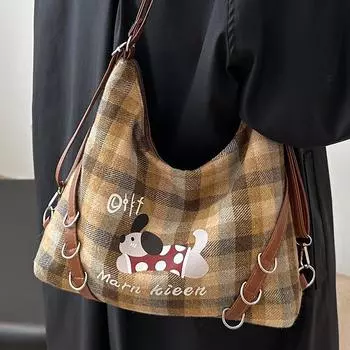 Сумка большого объема с вышитым рисунком щенка из мультфильма 2024 года, новая сумка через плечо с эффектом ленивого ветра, сумка для покупок, многоцелевая сумка через плечо с двумя отделениями синий