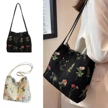 Сумка большой емкости Холстовая сумка для отдыха Маленькая сумка с цветочным принтом One Size чёрный