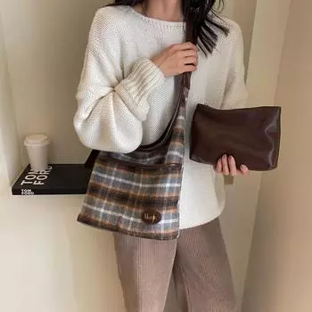 Сумка большой емкости, контрастная полосатая сумка-тоут, женская шерстяная сумка на плечо кофейный