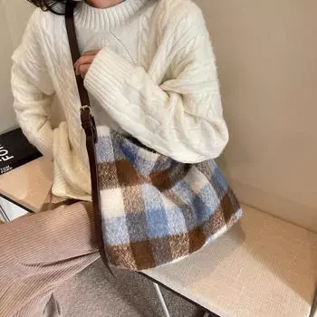 Сумка большой емкости контрастного цвета, женская шерстяная сумка на плечо, клетчатая большая сумка