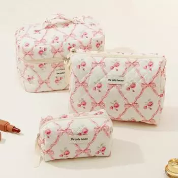 Сумка большой емкости на молнии с принтом розы и бантом, хлопковая стеганая портативная легкая губная помада, коричневый карандаш, кисточка для макияжа S розовый