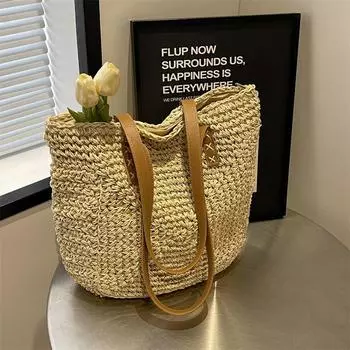Сумка большой вместимости для женщин, новинка 2024 года, летняя универсальная сумка на одно плечо для пляжного курорта, модная тканая соломенная сумка
