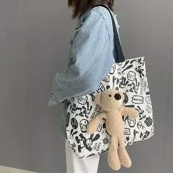 Сумка большой вместимости, модная сетчатая сумка с красным медведем и граффити, холщовая сумка, женская сумка на плечо, сумка-тоут, сумка для покупок 2