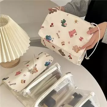 Сумка большой вместимости с мультяшным животным принтом Женская сумка для хранения Несколько карманов Прозрачная молния Классификация для хранения