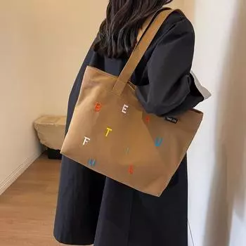 Сумка большой вместимости, женская холщовая сумка с вышивкой букв, сумка через плечо, большая сумка бежевый