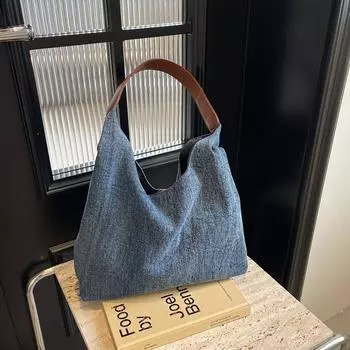 Сумка большой вместимости, женская модная джинсовая сумка через плечо, для поездок на работу, переносная сумка-тоут коричневый