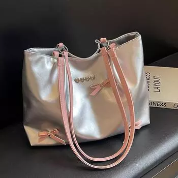 Сумка большой вместимости, женская с бантом, сумка для отдыха и поездок в иностранном стиле, сумка-тоут для студентов колледжей серебряный