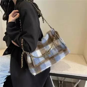 Сумка большой вместимости Женская шерстяная сумка-тоут в клетку Сумка на плечо