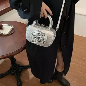 Сумка-боулинг из искусственной кожи с цветком розы, одно плечо, сумка через плечо из искусственной кожи, серебристая сумка для покупок красный