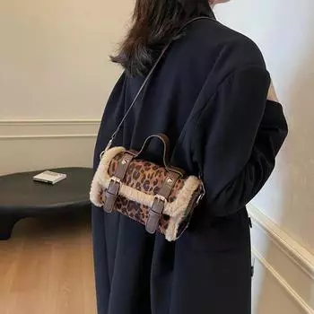 Сумка Cambridge из меха ягненка с леопардовым принтом для женщин, новая осенне-зимняя нишевая высококачественная диагональная меховая сумка через плечо