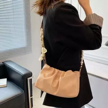 Сумка-цепочка в корейском стиле с жемчугом, нежная сумочка с бантом, модная плиссированная сумка через плечо для девочек хаки