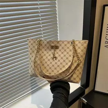 Сумка-цепочка, винтажная женская сумка-тоут, простая модная сумка через плечо из искусственной кожи с узором «гусиная лапка» 32.5X27X21cm чёрный