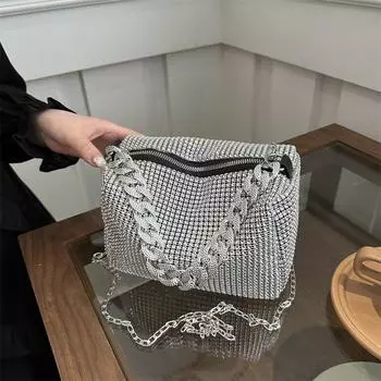 Сумка-цепочка, женская сумка через плечо на одно плечо, повседневная сумка большой вместимости, сумка с инкрустацией из бриллиантов серебряный