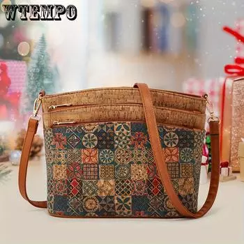Сумка через плечо Boho-Chic Vintage Floral Print для женщин - Искусственная кожа светло-коричневого цвета, застежка-молния, подкладка из полиэстера, рисунок под кору дерева, сумка через плечо оливковый