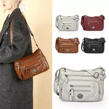 Сумка через плечо большой емкости из мягкой кожи, многослойная сумка через плечо для женщин среднего и пожилого возраста чёрный