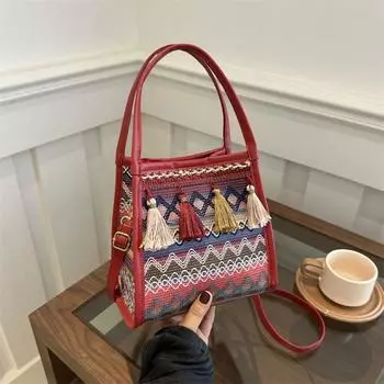 Сумка через плечо большой емкости с кисточками в этническом стиле, тканая сумка, сумка через плечо в стиле ретро, подарок
