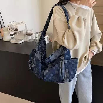 Сумка через плечо большой емкости, женская джинсовая дорожная сумка через плечо, студенческая сумка класса синий