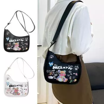 Сумка через плечо Cartoon Fashion Trend, сумка через плечо с принтом плюшевого мишки, женская сумка с фактурной подмышечной впадиной One Size чёрный