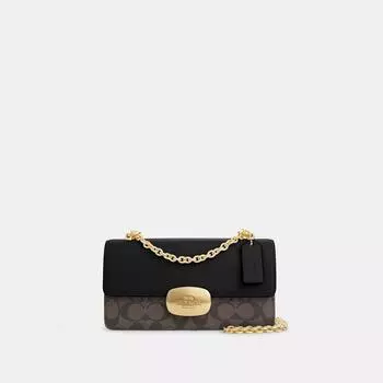 Сумка через плечо Coach Eliza Flap из канвы Signature золотисто-коричневого черного цвета