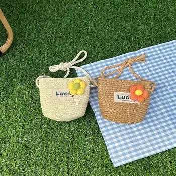 Сумка через плечо для девочки, плетеная соломенная сумка, нашивка с буквами, украшение в виде цветка, детские сумки хаки