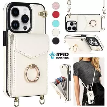 Сумка через плечо для карточек Кошелек с кольцом-держателем Кожаный чехол для iPhone 15 14 13 12 11 Pro Max XS MAX XR для Samsung S23 S22 S21 S20 Ultra Plus A14 A13 A53 A54 iPhone 6/6S чёрный