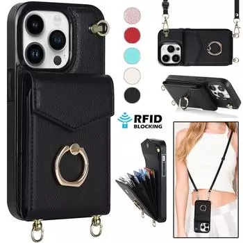 Сумка через плечо для карточек Кошелек с кольцом-держателем Кожаный чехол для iPhone 15 14 13 12 11 Pro Max XS MAX XR для Samsung S23 S22 S21 S20 Ultra Plus A14 A13 A53 A54 iPhone 6/6S чёрный