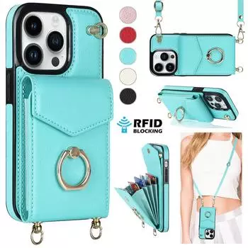 Сумка через плечо для карточек Кошелек с кольцом-держателем Кожаный чехол для iPhone 15 14 13 12 11 Pro Max XS MAX XR для Samsung S23 S22 S21 S20 Ultra Plus A14 A13 A53 A54 iPhone 6/6S чёрный