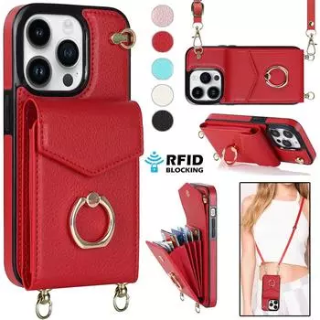 Сумка через плечо для карточек Кошелек с кольцом-держателем Кожаный чехол для iPhone 15 14 13 12 11 Pro Max XS MAX XR для Samsung S23 S22 S21 S20 Ultra Plus A14 A13 A53 A54 iPhone 6/6S чёрный