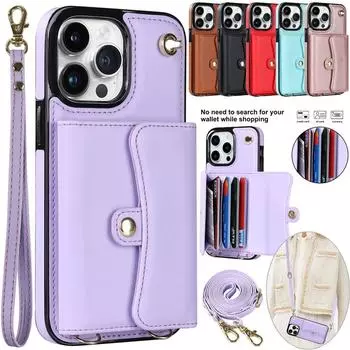 Сумка через плечо для карточек, кожаный кошелек, ремешок, чехол для телефона для iPhone 15 14 Plus 13 12 11 Pro Max для Samsung S23 S22 S21 S20 Ultra Plus Note20Ultra A14 A54 iPhone 7/8/SE2 чёрный