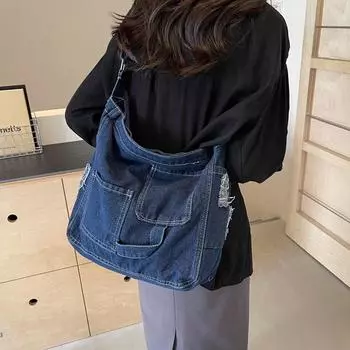 Сумка через плечо из денима для женщин, большая вместимость, сумка через плечо, студенческая сумка-тоут чёрный