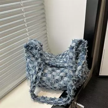 Сумка через плечо из денима с модным клетчатым дизайном и креплением на плечо. Сумка для работы и поездок на работу светло-синий