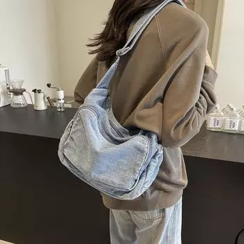 Сумка через плечо из денима в студенческом стиле для женщин, большая вместимость, сумка через плечо чёрный