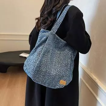Сумка через плечо из денима, женская сумка для покупок большой вместимости с леопардовым принтом, сумка-тоут для студентов, сумка для поездок на работу темно-синий