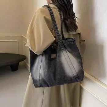 Сумка через плечо из денима, женская сумка для покупок, большая вместимость, сумка-тоут, ручная сумка чёрный