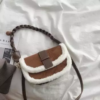 Сумка через плечо из искусственного меха в стиле ретро, женская, корейская, зимняя, новая, квадратная, из овечьей шерсти, модная, универсальная, сумка через плечо для поездок на работу (20cm<Max Length<30cm)