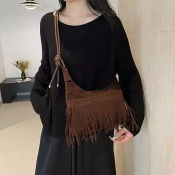Сумка через плечо из искусственной кожи с кисточками, однотонная, подмышечные сумки, милая замшевая сумка для девочек коричневый