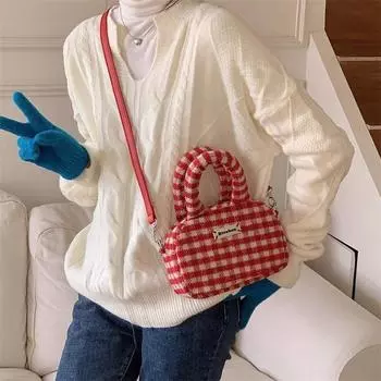 Сумка через плечо из искусственной кожи с красной клетчатой цепочкой, нишевый дизайн, рождественская плюшевая сумка, милая, милая сумочка для девочек красный