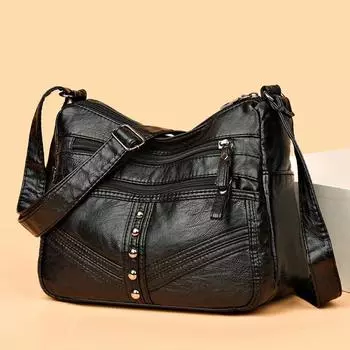 Сумка через плечо из искусственной кожи, женские сумки через плечо, много карманов, повседневная мода, простая, портативная, с регулируемым ремешком для отпуска на выходные чёрный