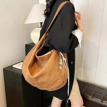 Сумка через плечо из искусственной замши для женщин, повседневная сумка, однотонная, на молнии, большая вместимость, модная