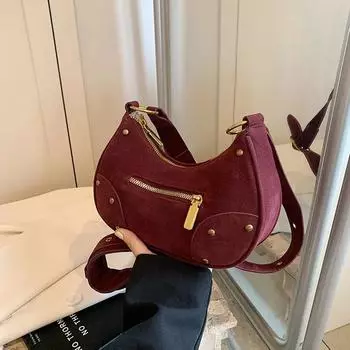 Сумка через плечо из искусственной замши для женщин, декорированная заклепками, застежкой-молнией, однотонная сумка через плечо