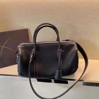 Сумка через плечо из коровьей кожи Head Layer / Новая однотонная простая и модная сумка Boston из натуральной кожи с подушкой 29x13x16cm чёрный