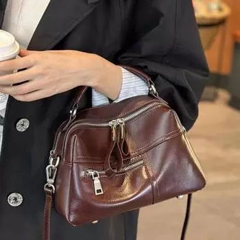 Сумка через плечо из кожи растительного дубления для женщин, винтажная сумка для поездок на работу из натуральной кожи, повседневная универсальная маленькая квадратная сумка One Size чёрный