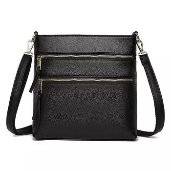 Сумка через плечо из натуральной кожи с несколькими карманами и двумя ремнями для мобильного телефона, сумка-портфель для женщин чёрный