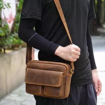 Сумка через плечо из натуральной кожи Crazy Horse, мужская, в стиле ретро, большая вместимость, сумка из коровьей кожи с наплечной сумкой кофейный