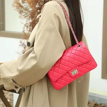 Сумка через плечо из овчины с ромбической цепочкой - 2025 осень/зима Commuter, универсальная, маленькая квадратная высококачественная женская сумка-мессенджер 26x8x15 cm (LxWxH)