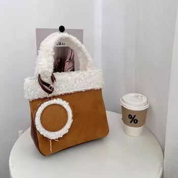 Сумка через плечо из овечьей шерсти с контрастным узором на осень-зиму, новая женская сумка через плечо с высококачественной текстурой, сумка-ведро в стиле ретро (20cm<Max Length<30cm)